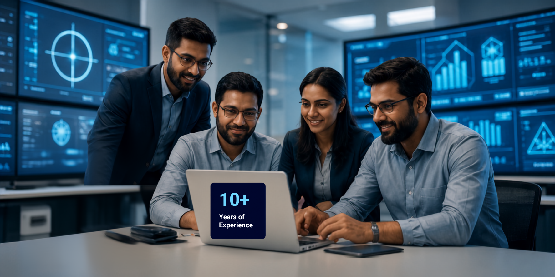 ViSenAI team collaborating in front of analytics dashboards